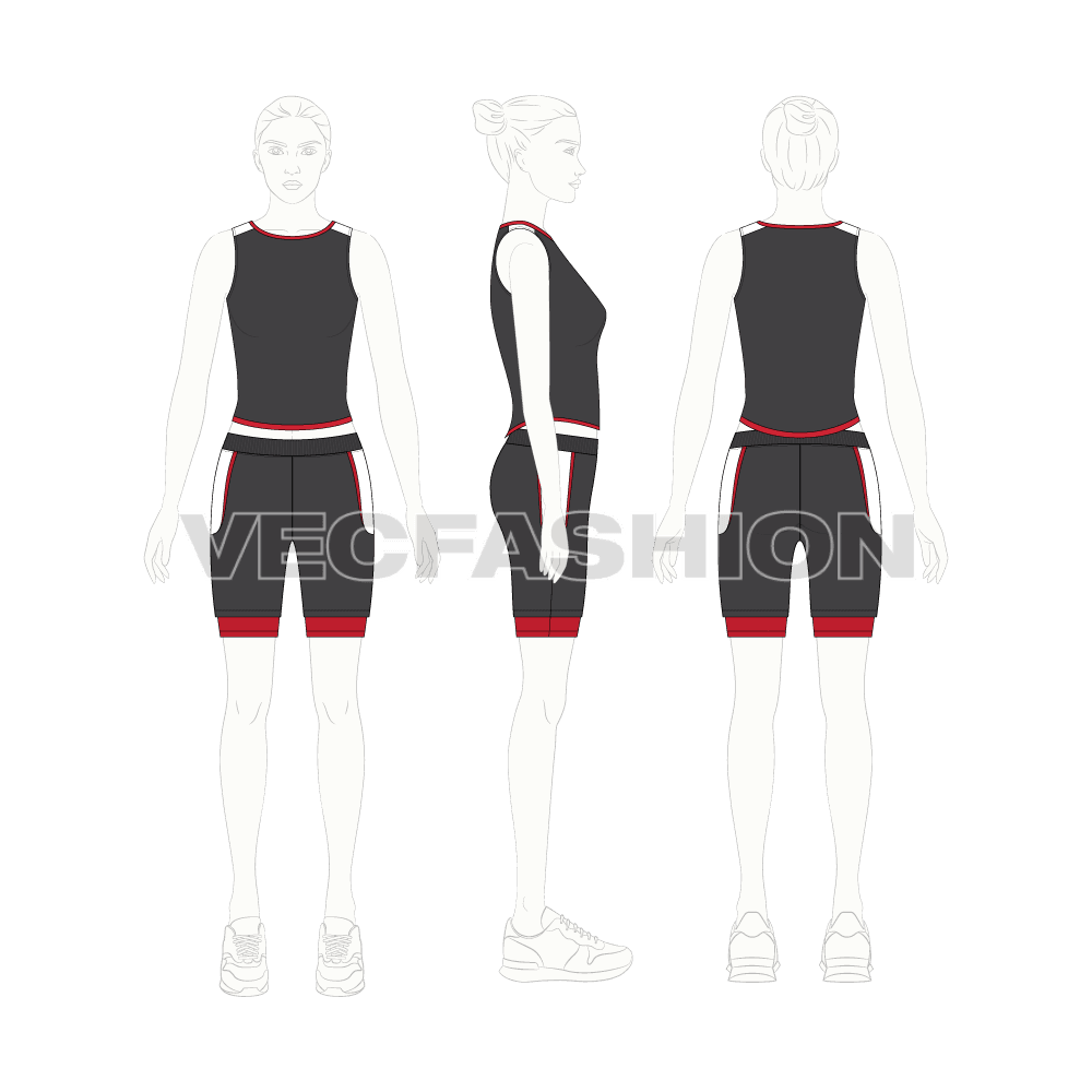 Womens sport tee and shorts set flat sketch, on croqui