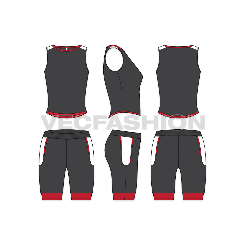 Womens sport tee and shorts set flat sketch, showing all views, front, side and back