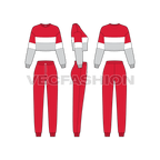 Womens sport tracksuit flat sketch, showing all views, front, side and back