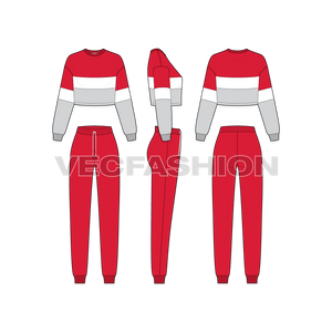 An editable vector template for Women's Sport Tracksuit. It has a cropped crew neck sweater with comfort fit joggers. The sweater is a color-blocked design with panels on front and sleeves. 