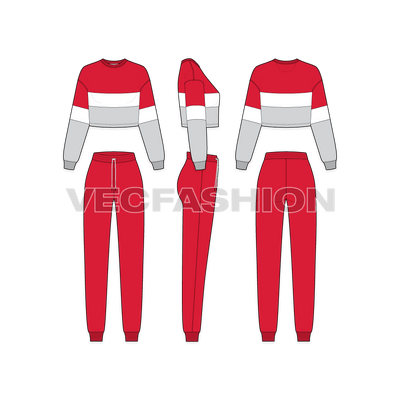 Womens sport tracksuit flat sketch, showing all views, front, side and back