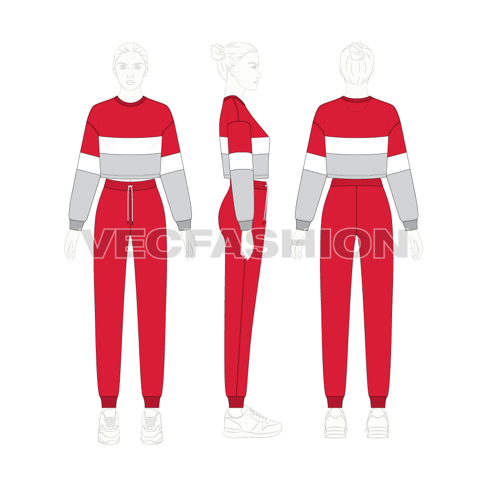 Womens sport tracksuit flat sketch, on croqui