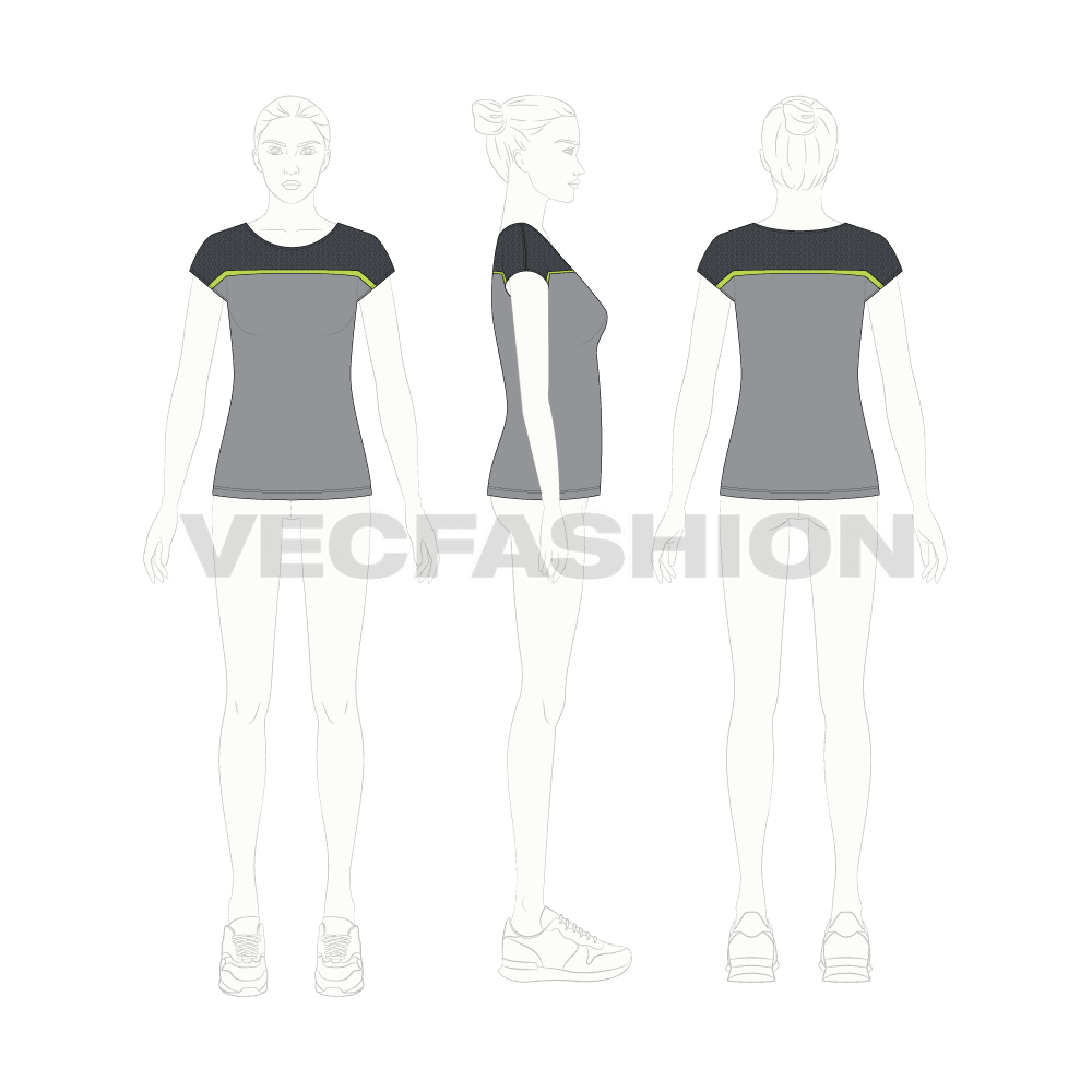 Womens sport training top flat sketch, croqui sketch