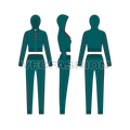 Womens sport training tracksuit flat sketch, showing all views, front, side and back
