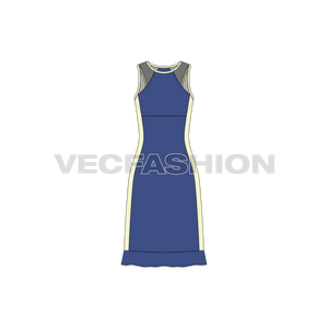 A new vector apparel template of Womens Sport Tunic. It has mesh panels around the armhole and contrast panels on sides. There is frill on the bottom panel for style purposes.