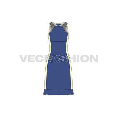 A new vector apparel template of Womens Sport Tunic. It has mesh panels around the armhole and contrast panels on sides. There is frill on the bottom panel for style purposes.