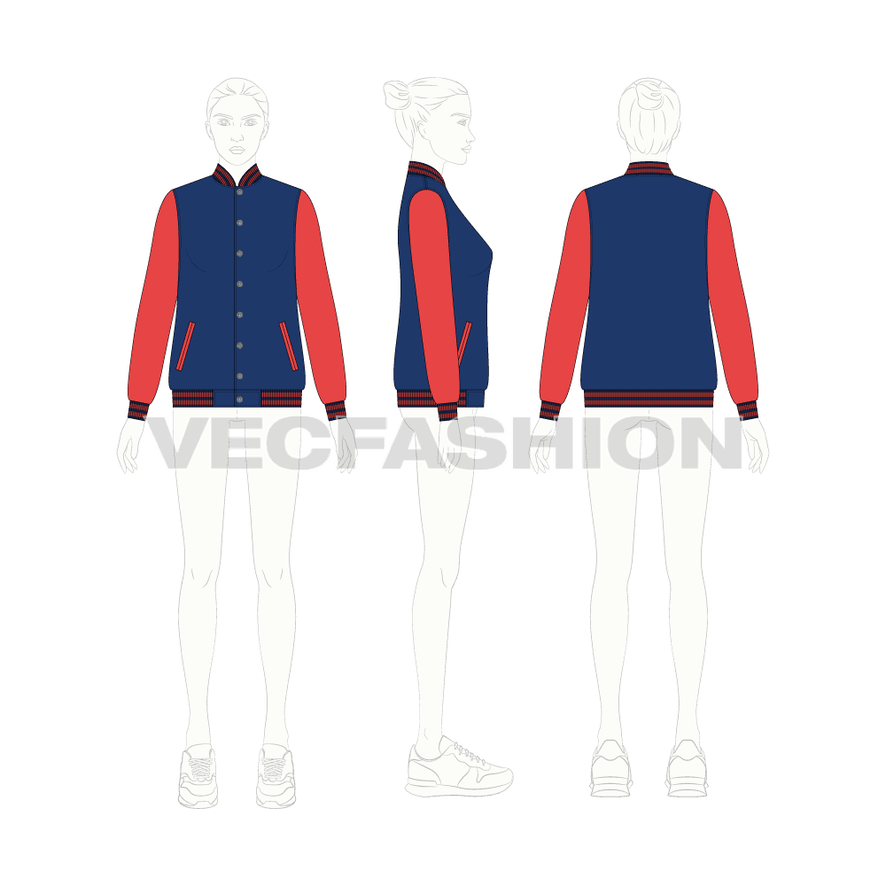 Women's Sport Varsity Jacket flat sketch, croqui sketch