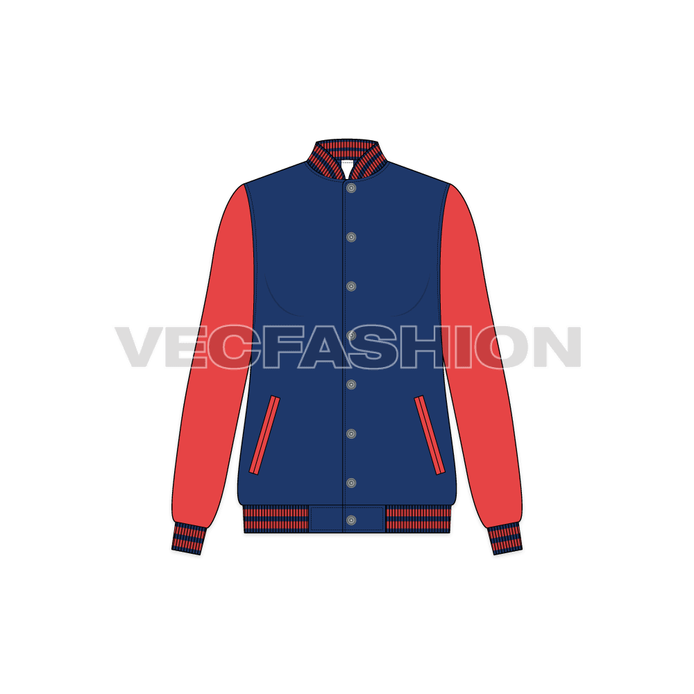Women's Sport Varsity Jacket flat sketch, front view