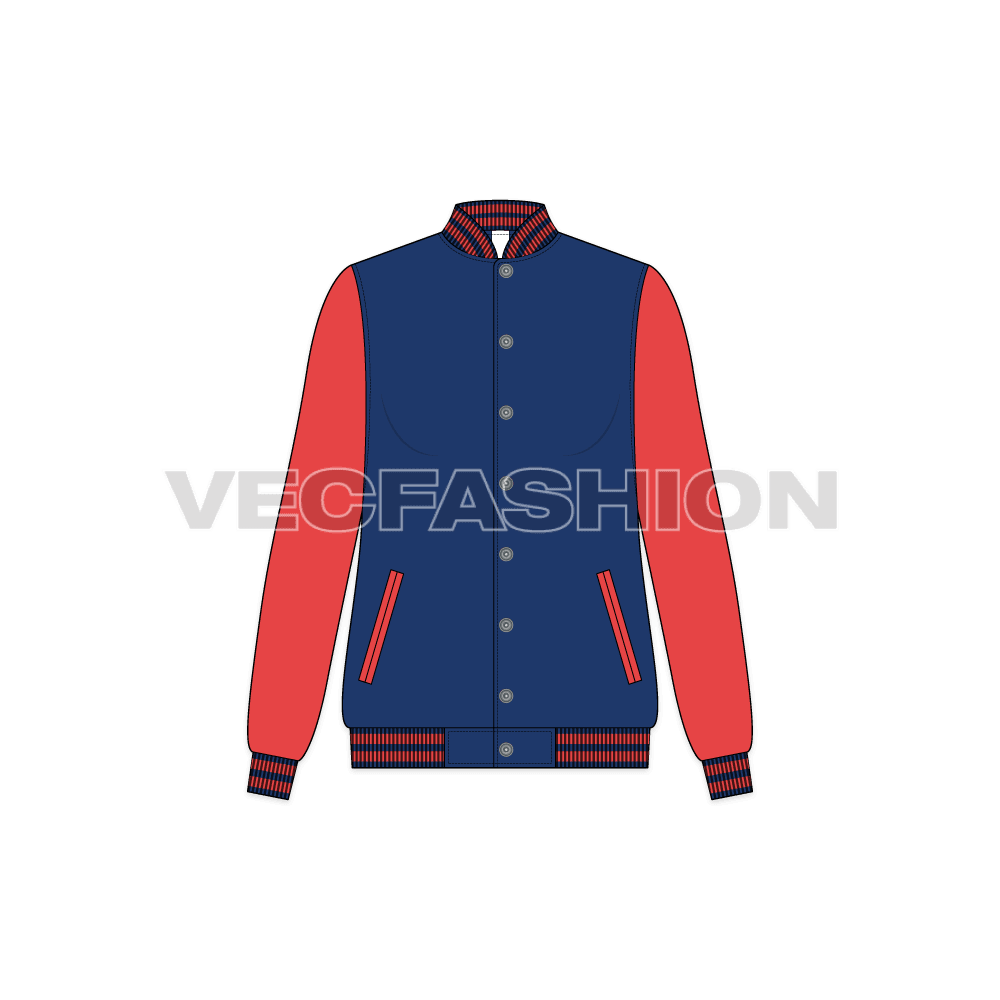 A vector template of Women's Sport Varsity Jacket also known as American Baseball Jacket. This jacket is normally made in two colors, the Main Body to be different than sleeves.