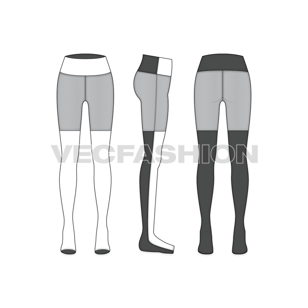 Womens sport yoga pants flat sketch, showing all views, front, side and back