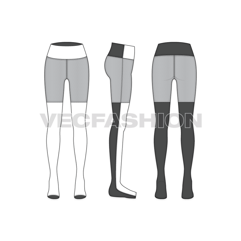 This Women's Sport Yoga Pants Vector Template have panels and made with tech mesh best for Training, Running and Yoga practice. Easy to edit and showing all three views, front, back and side.