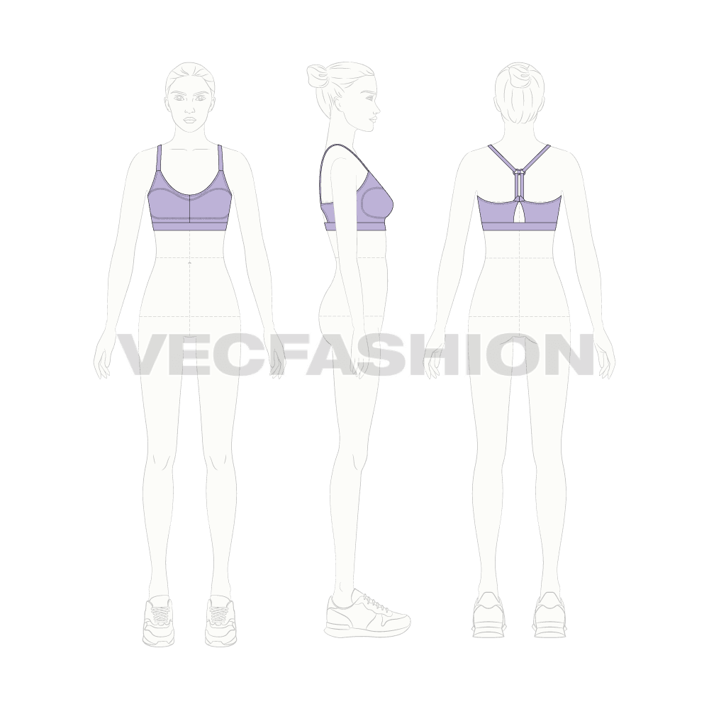 Womens sports bra, compression flat sketch, croqui sketch