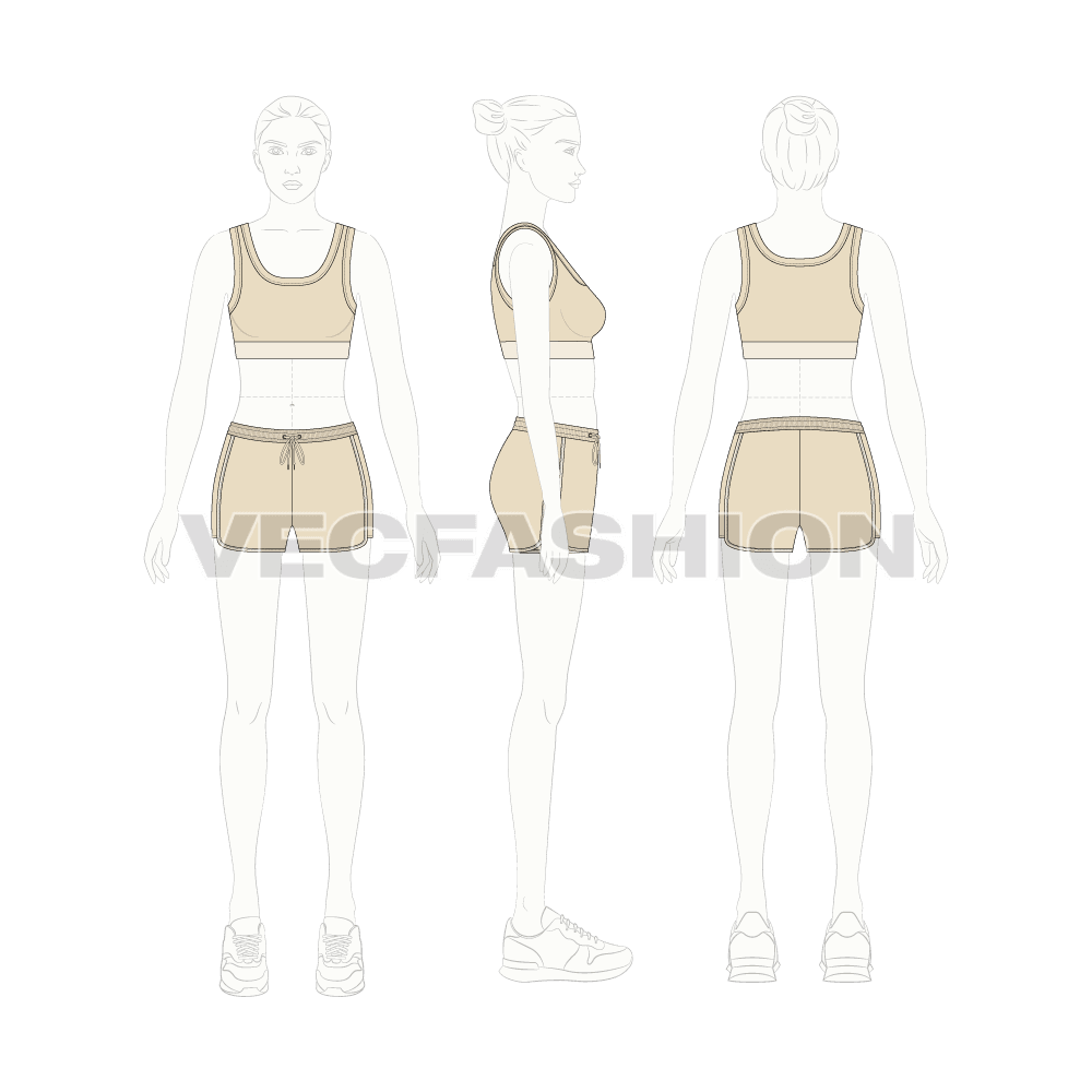 Womens sports bra and shorts set flat sketch, on croqui