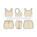 Womens sports bra and shorts set flat sketch, showing all views, front, side and back