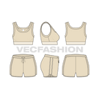 Womens sports bra and shorts set flat sketch, showing all views, front, side and back