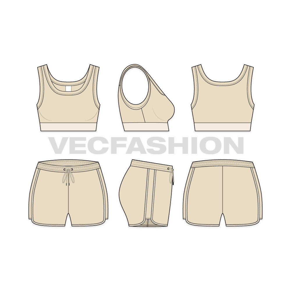 Womens sports bra and shorts set flat sketch, showing all views, front, side and back