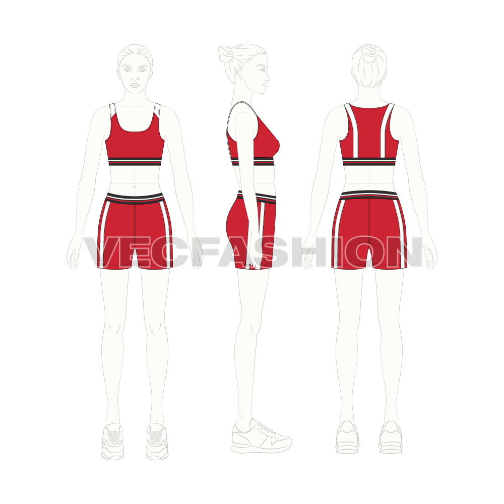 Womens sports bra and sport shorts flat sketch, on croqui