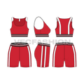 Womens sports bra and sport shorts flat sketch, showing all views, front, side and back