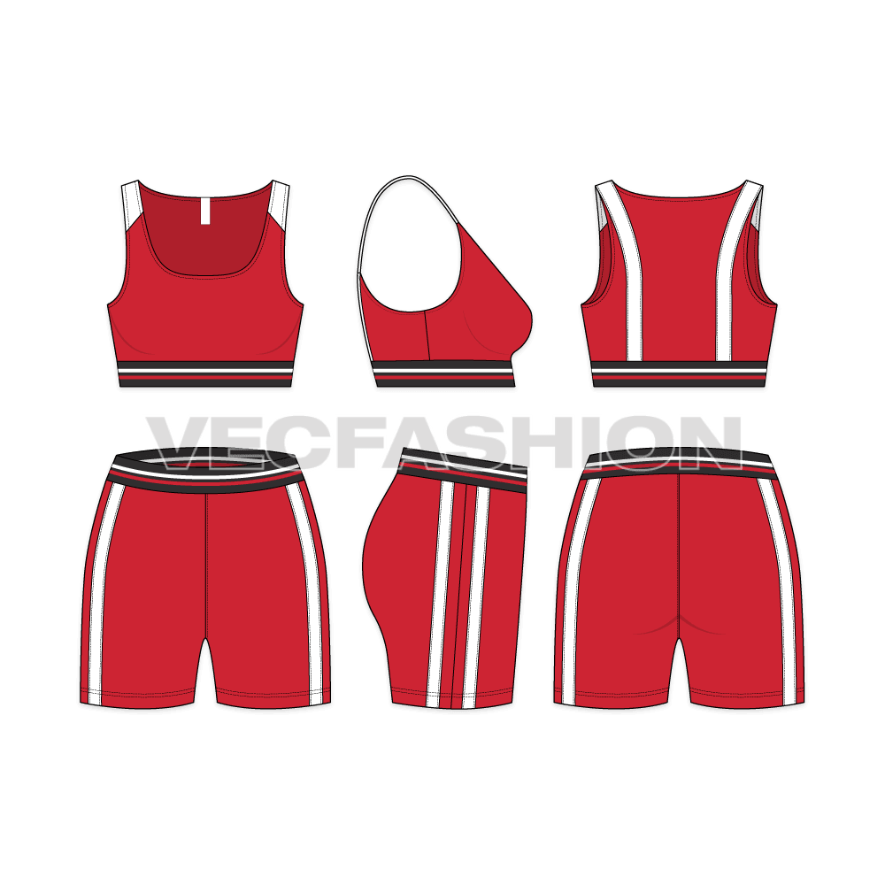 Womens sports bra and sport shorts flat sketch, showing all views, front, side and back