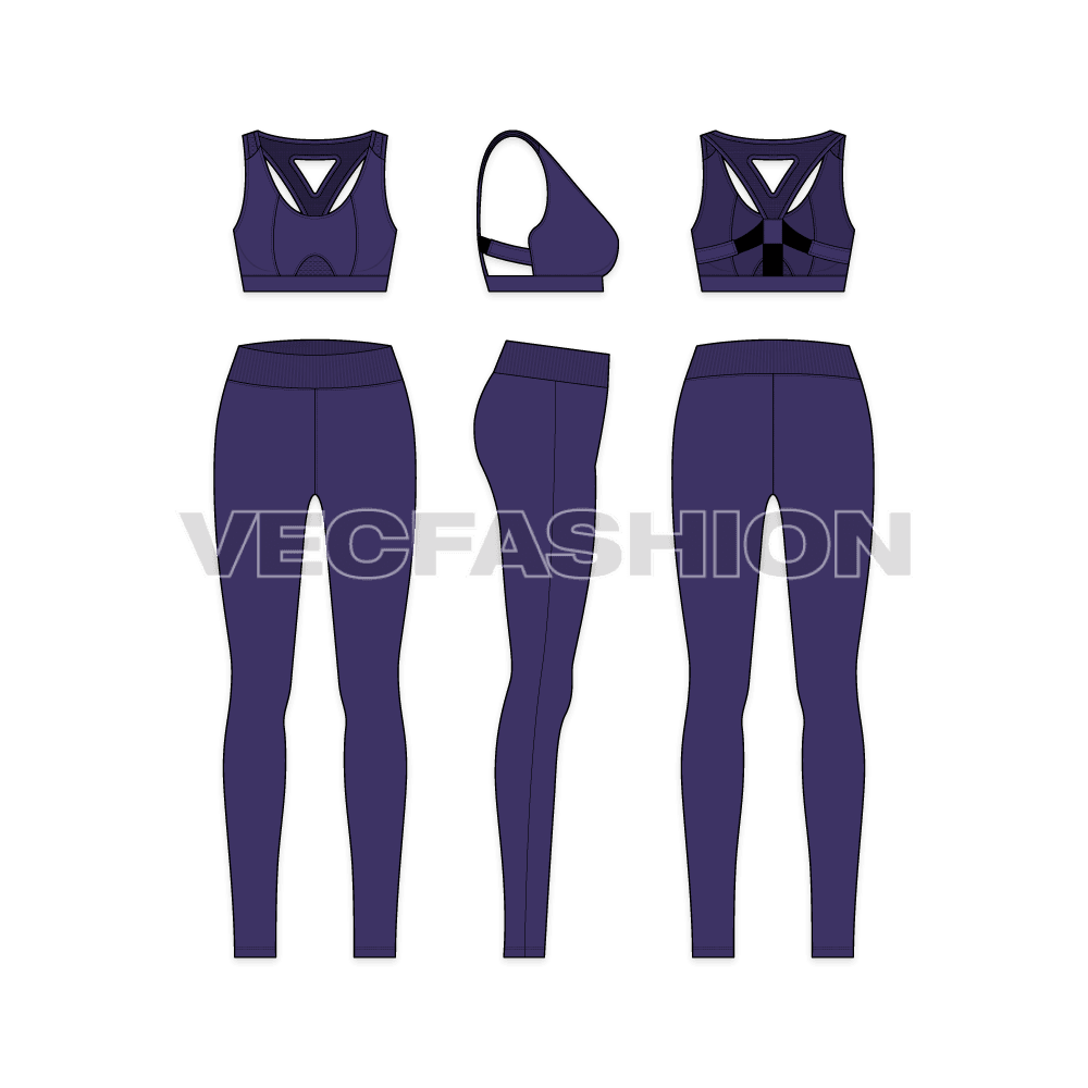 Womens sports set flat sketch, showing all views, front, side and back