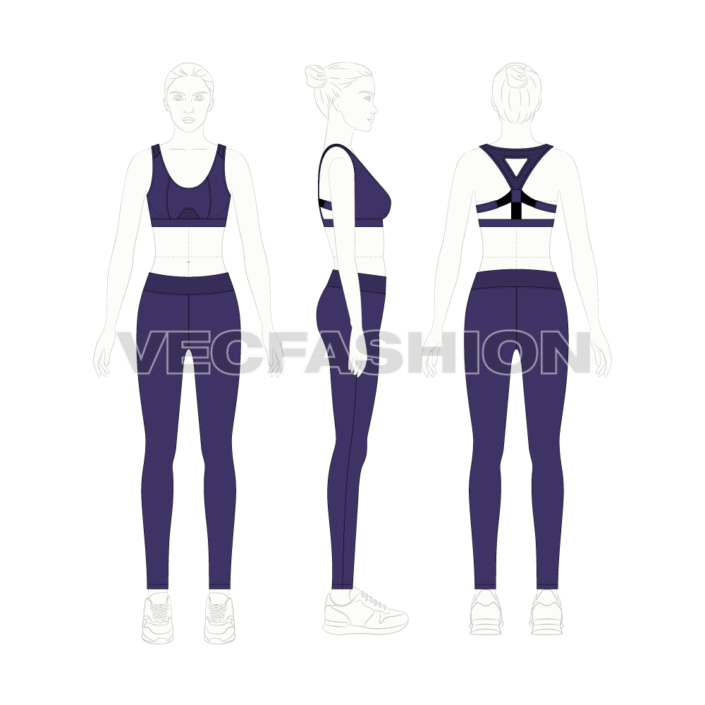 Womens sports set flat sketch, on croqui