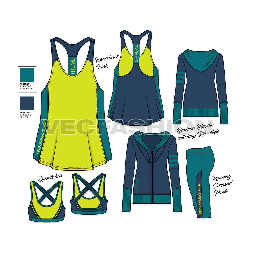 A very strong and fresh Fashion Set,  it has the latest style apparels for Women Performance and Sportswear Clothing. All templates are with Front and Back view and easy to edit.