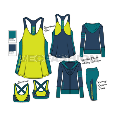 A very strong and fresh Fashion Set,  it has the latest style apparels for Women Performance and Sportswear Clothing. All templates are with Front and Back view and easy to edit.