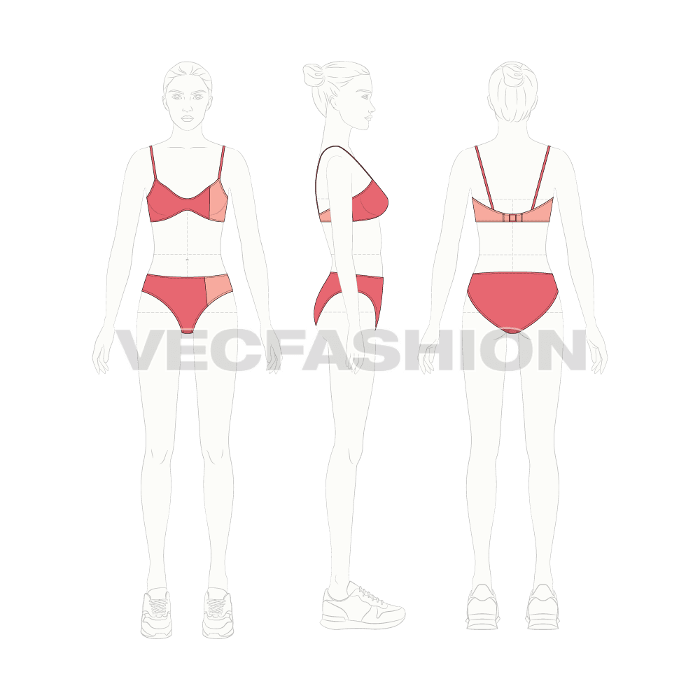 Womens sporty bandeau bikini flat sketch, croqui sketch