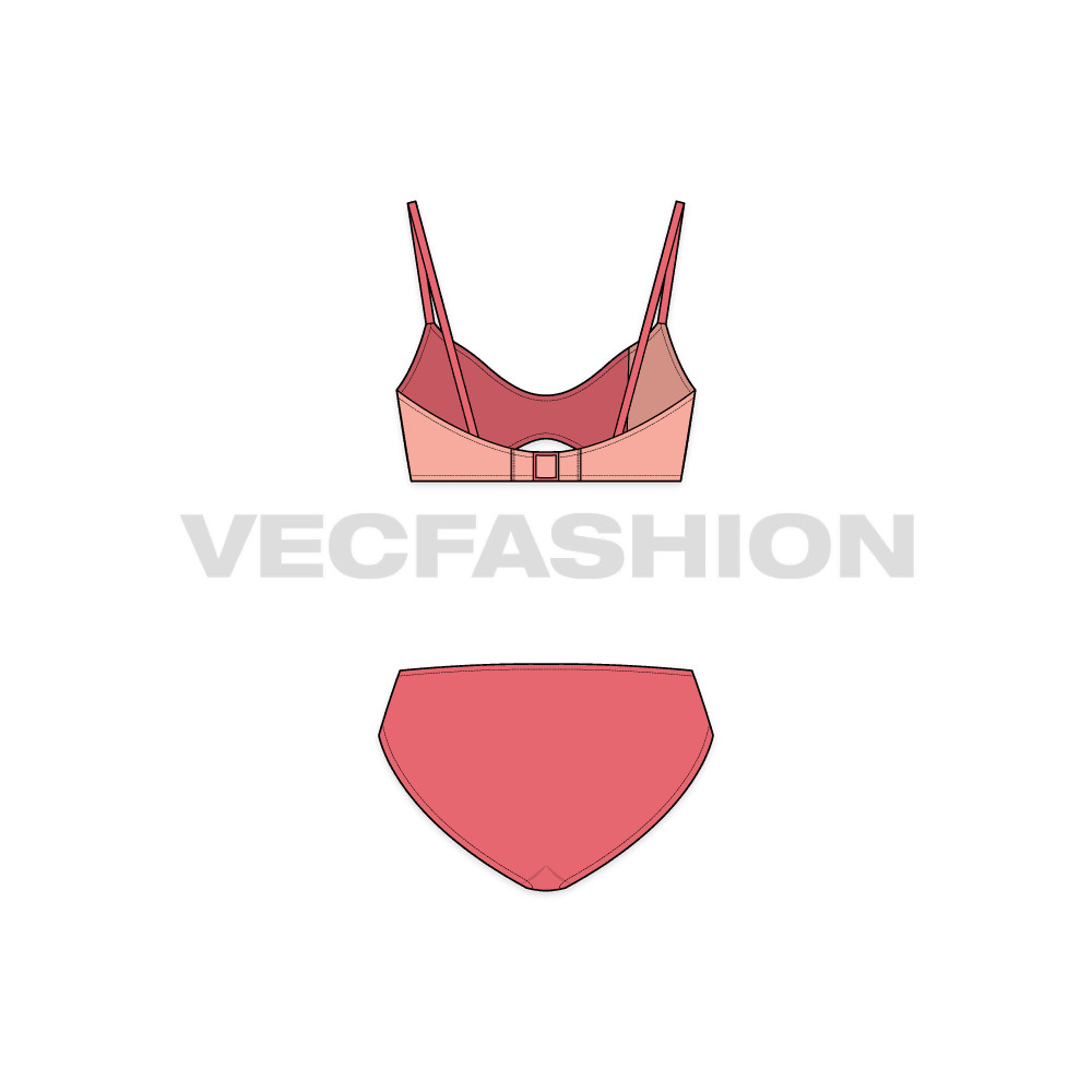 A vector template for Women's Sporty Bandeau Bikini. It has contrast panel on left front and back. The shape is stylized and matching brief is also added to make it a set.