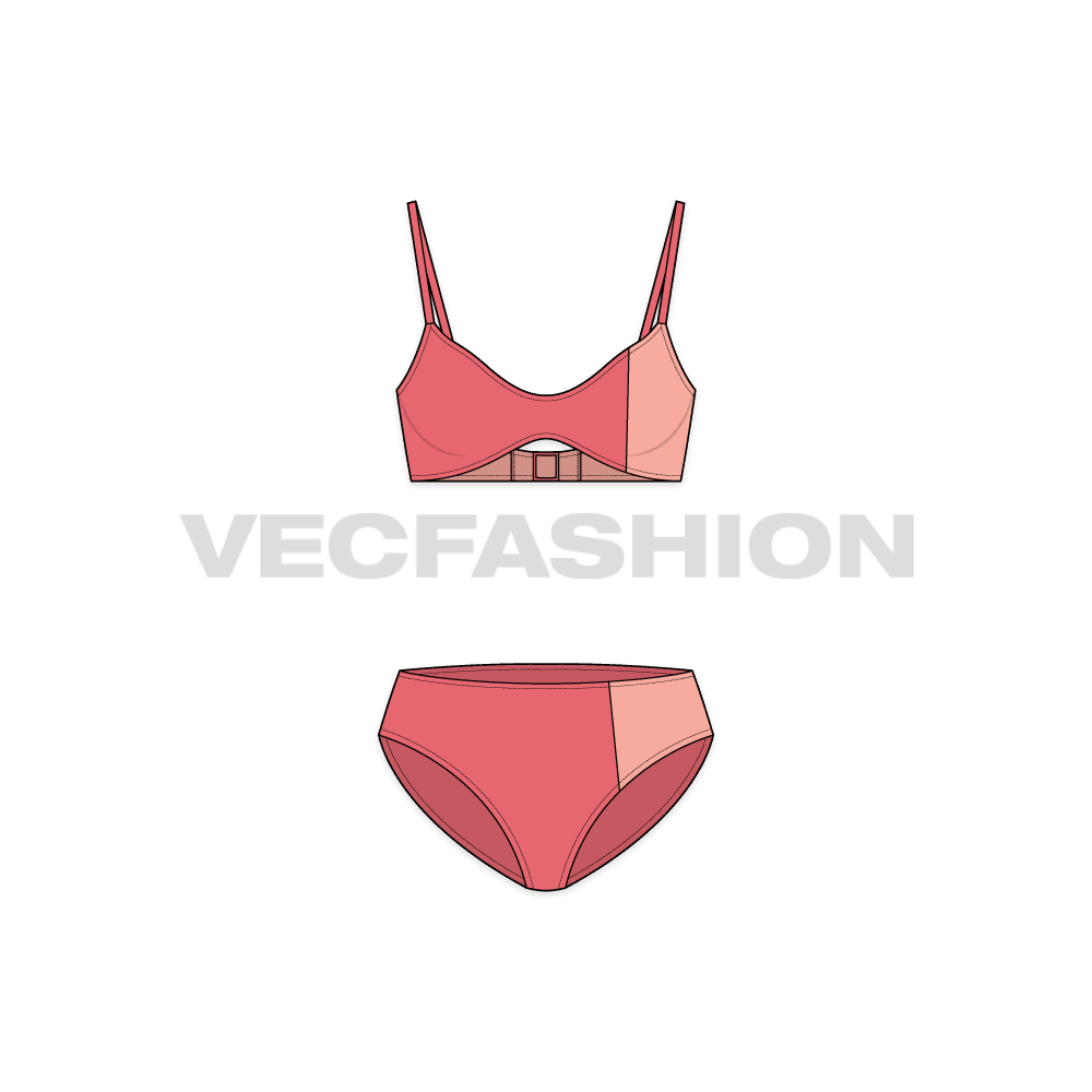 A vector template for Women's Sporty Bandeau Bikini. It has contrast panel on left front and back. The shape is stylized and matching brief is also added to make it a set.