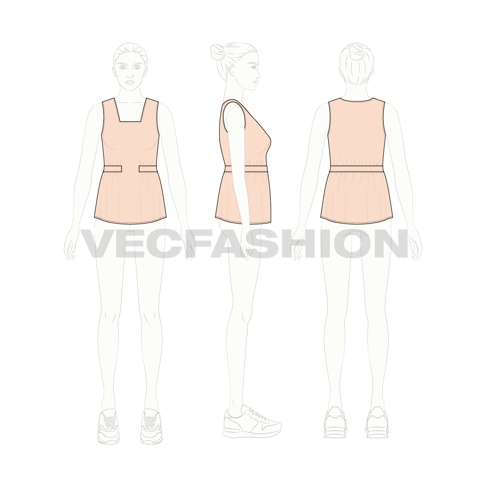 Womens square neck blouse flat sketch, croqui sketch