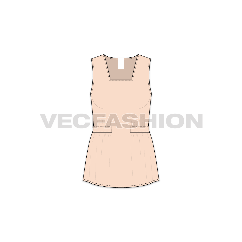 Womens square neck blouse flat sketch, front view