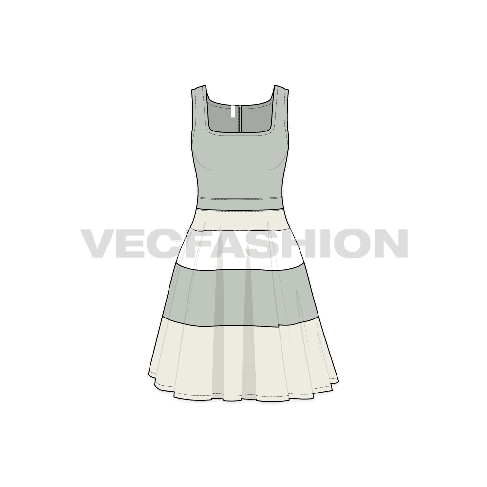 Womens square neck swing dress flat sketch, front view