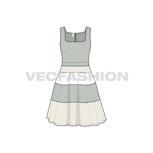 A vector fashion flat sketch for Women's Square Neck Swing Dress. It has a square neck with rounded edge with contrast colored panels in the lower skirt, the bodice is solid colored. 