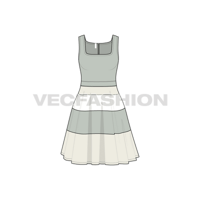 A vector fashion flat sketch for Women's Square Neck Swing Dress. It has a square neck with rounded edge with contrast colored panels in the lower skirt, the bodice is solid colored. 