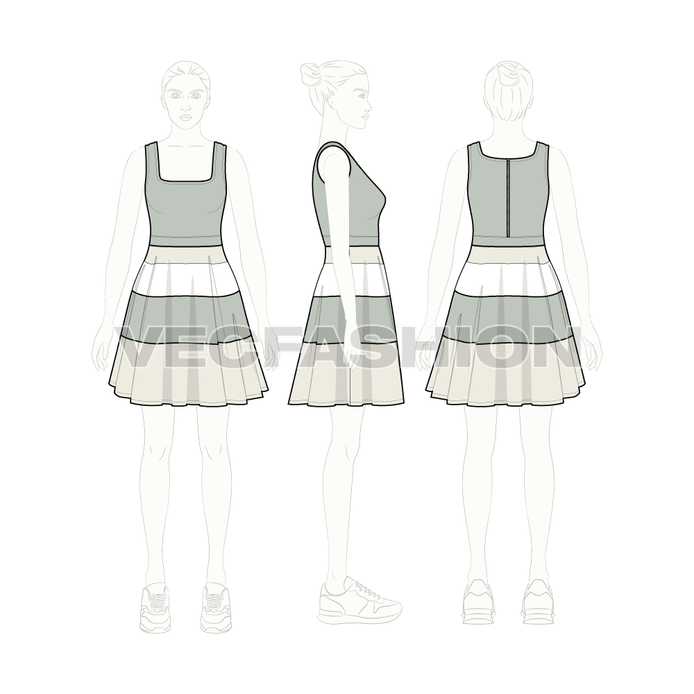 Womens square neck swing dress flat sketch, croqui sketch