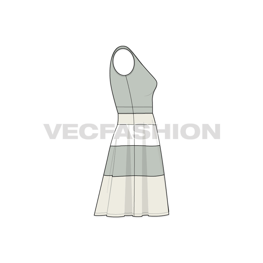 Womens square neck swing dress flat sketch, side view