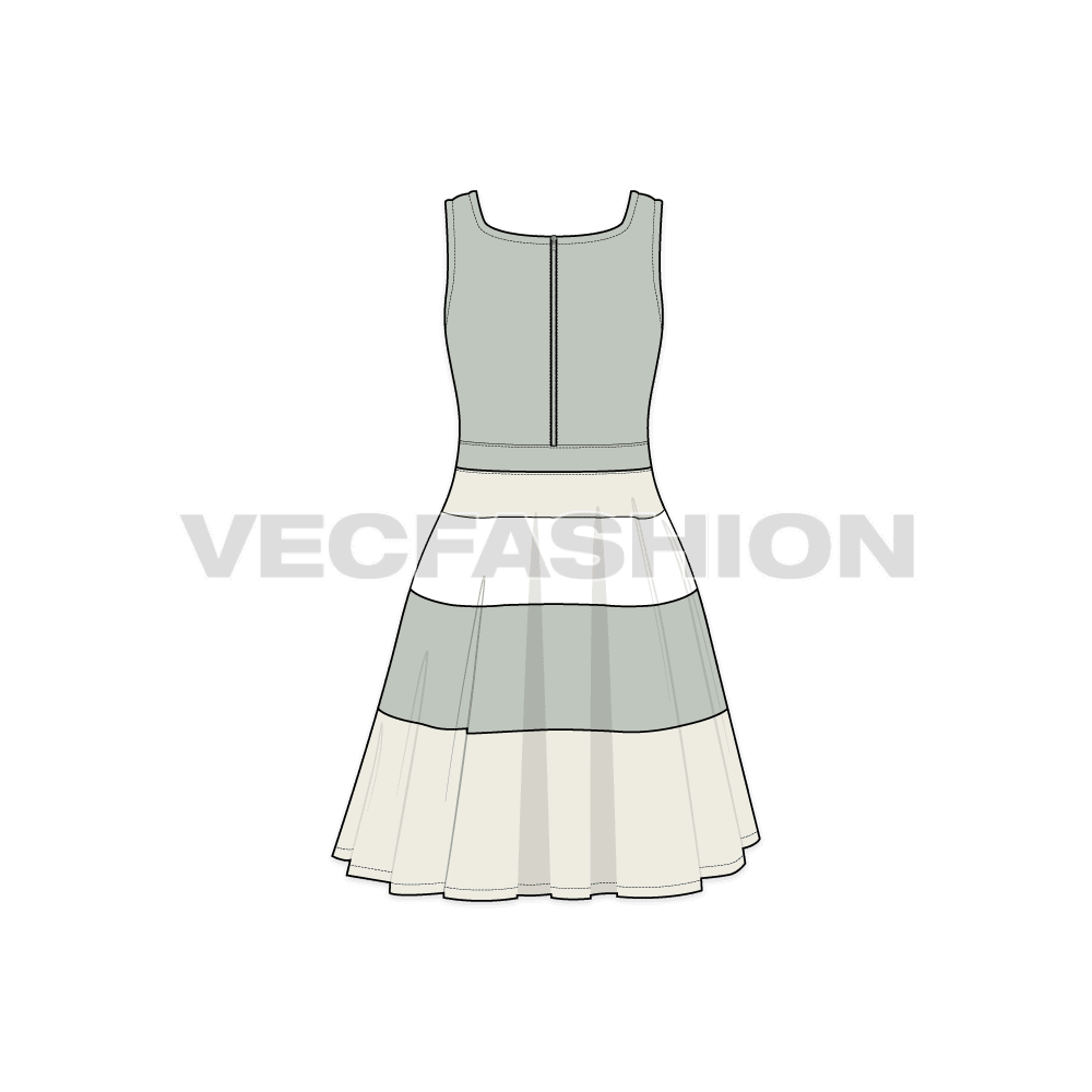 Womens square neck swing dress flat sketch, back view