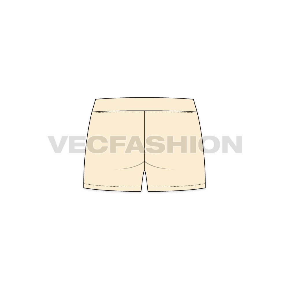 Womens straight cut beach shorts flat sketch, back view