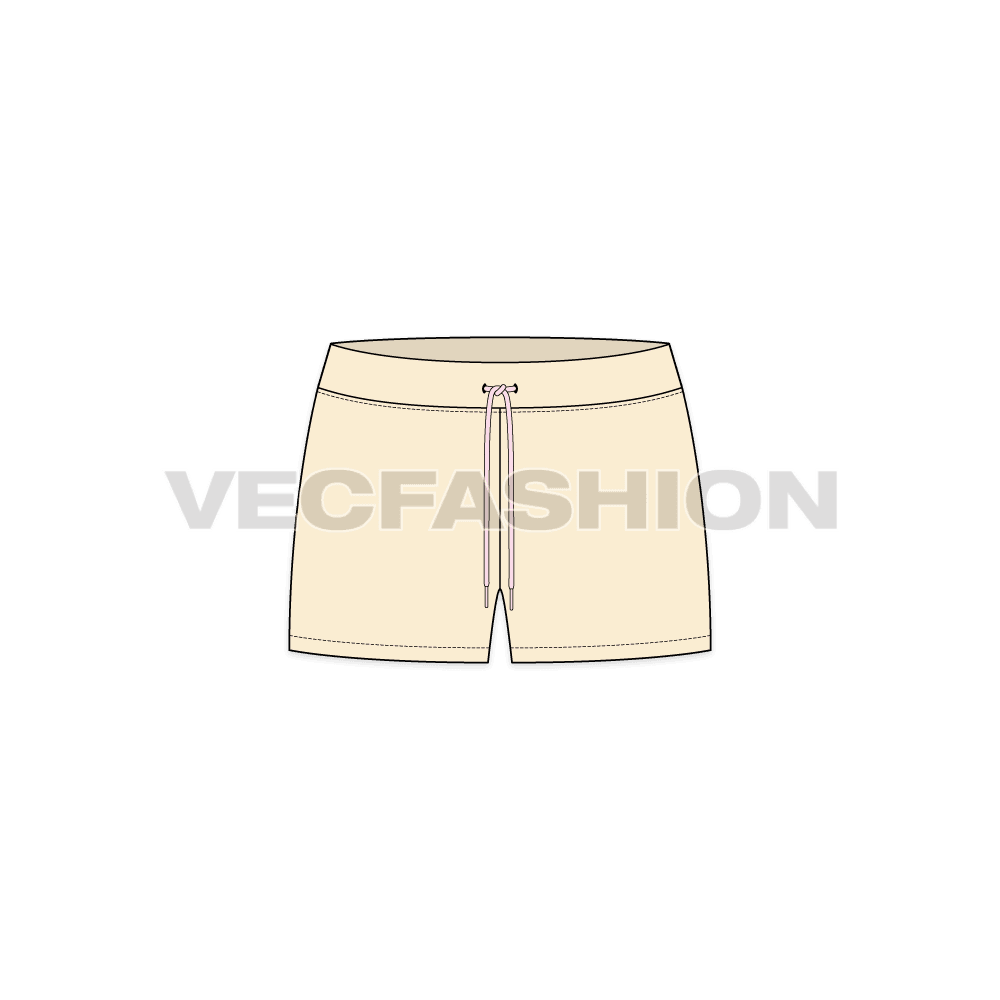 Womens straight cut beach shorts flat sketch, front view