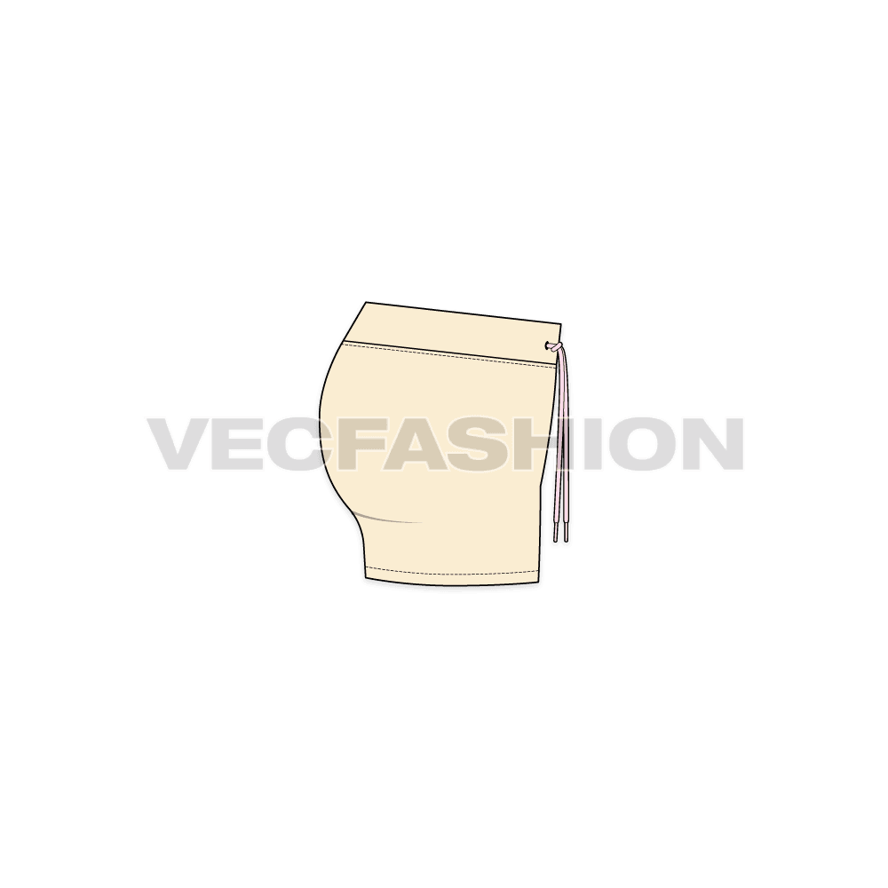 Womens straight cut beach shorts flat sketch, side view