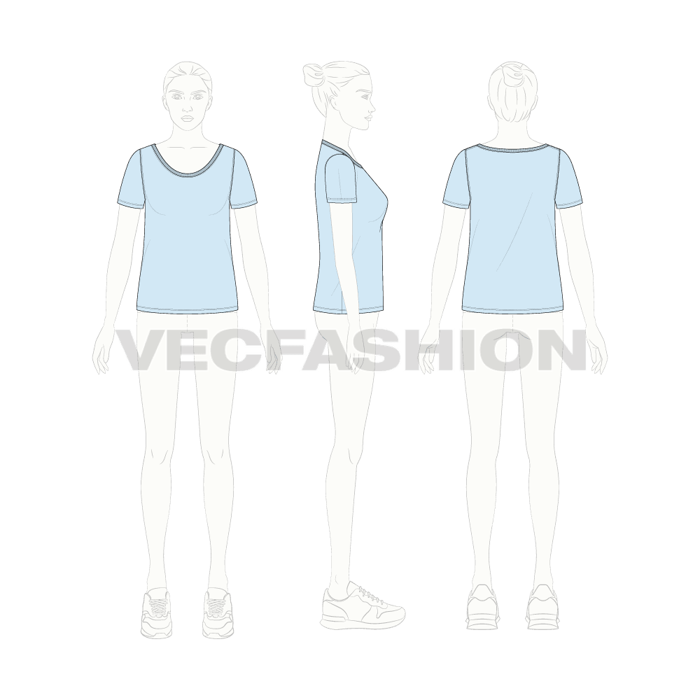 Womens straight cut beach tee flat sketch, croqui sketch