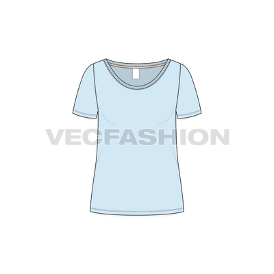 A vector apparel template for Women's Straight Cut Beach Tee. It has a contrast neck tape on neck with a low cut neckline.