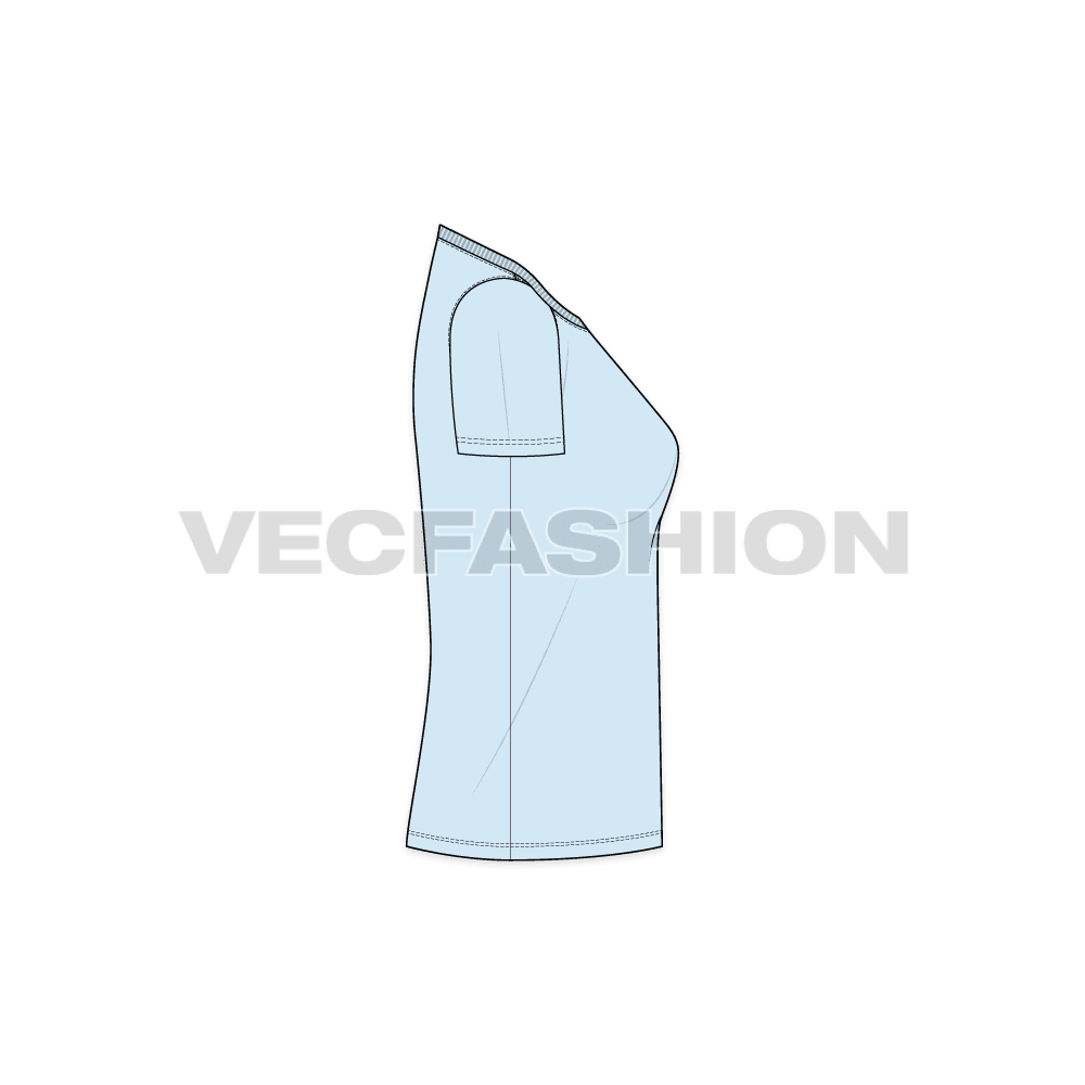Womens straight cut beach tee flat sketch, side view