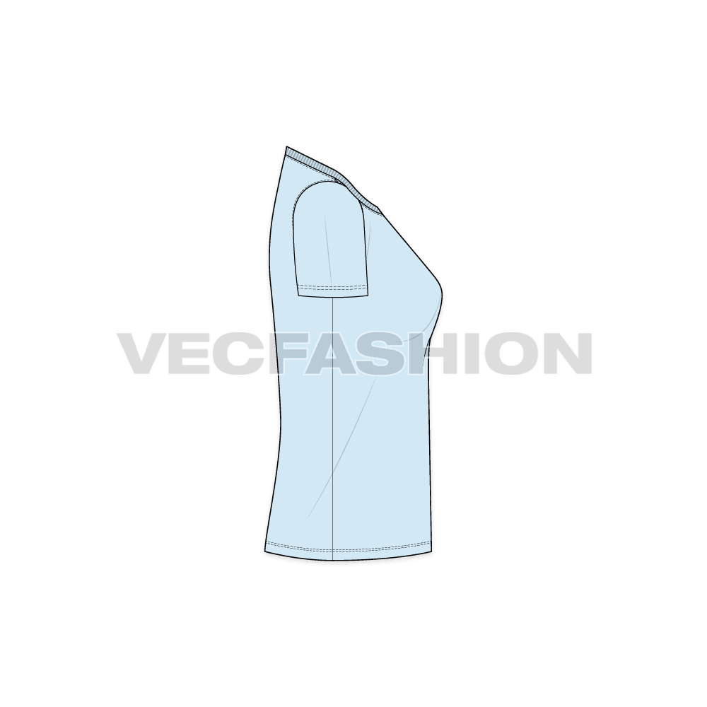 A vector apparel template for Women's Straight Cut Beach Tee. It has a contrast neck tape on neck with a low cut neckline.
