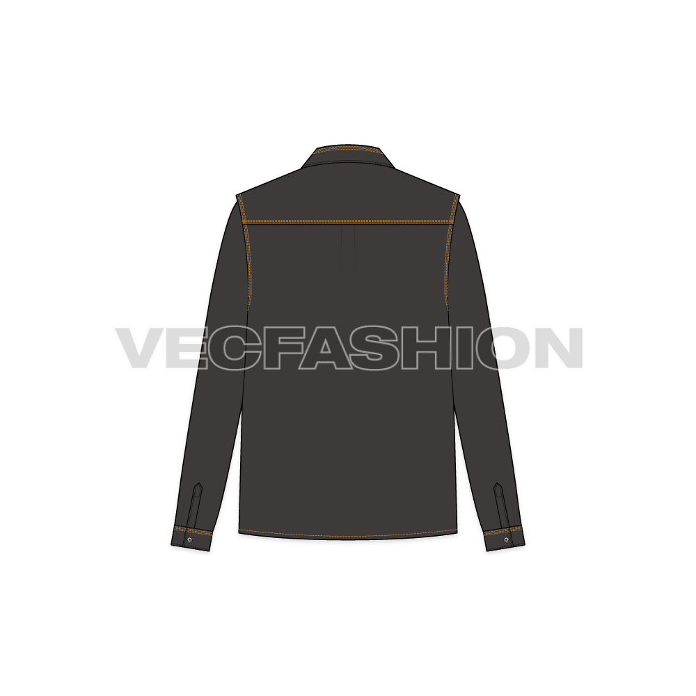 Womens straight cut shirt with contrast stitching flat sketch, back view