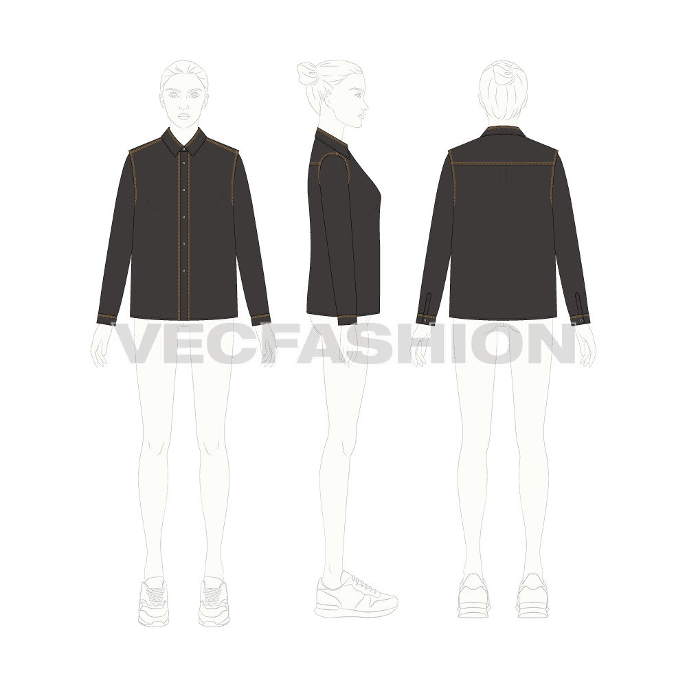 Womens straight cut shirt with contrast stitching flat sketch, croqui sketch