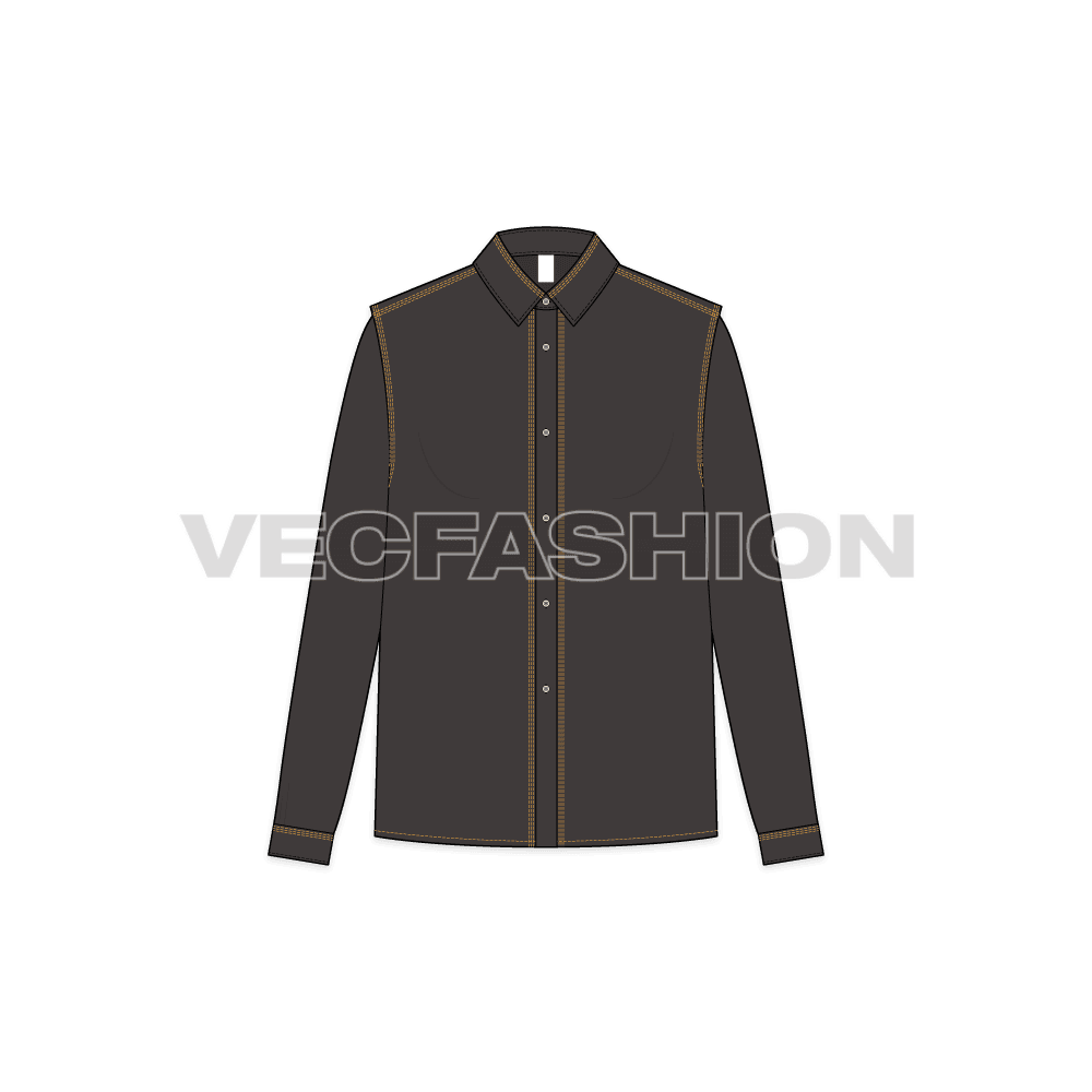 Womens straight cut shirt with contrast stitching flat sketch, front view