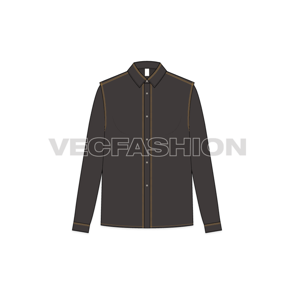 A vector illustrator template for Women's Straight Cut Shirt with Contrast Stitching. It is a straight cut shirt with full sleeves and contrast colored stitching.