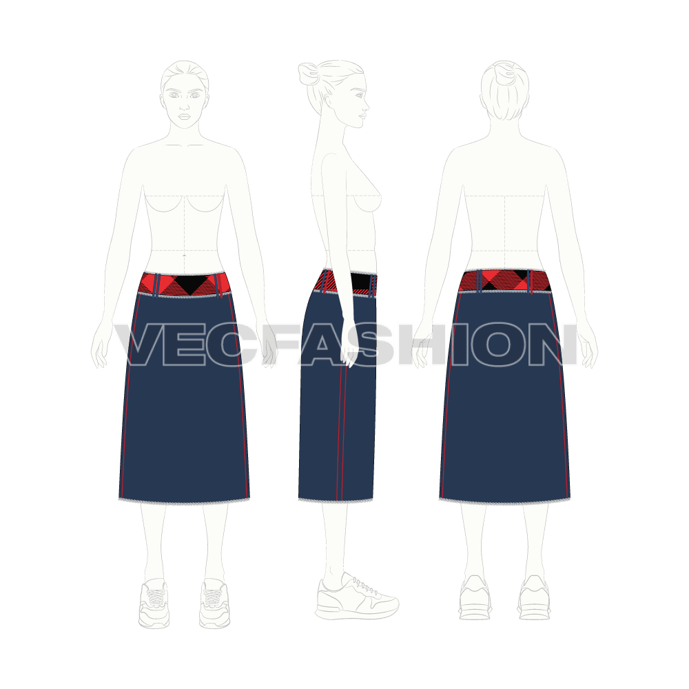 Womens straight denim skirt flat sketch, croqui sketch